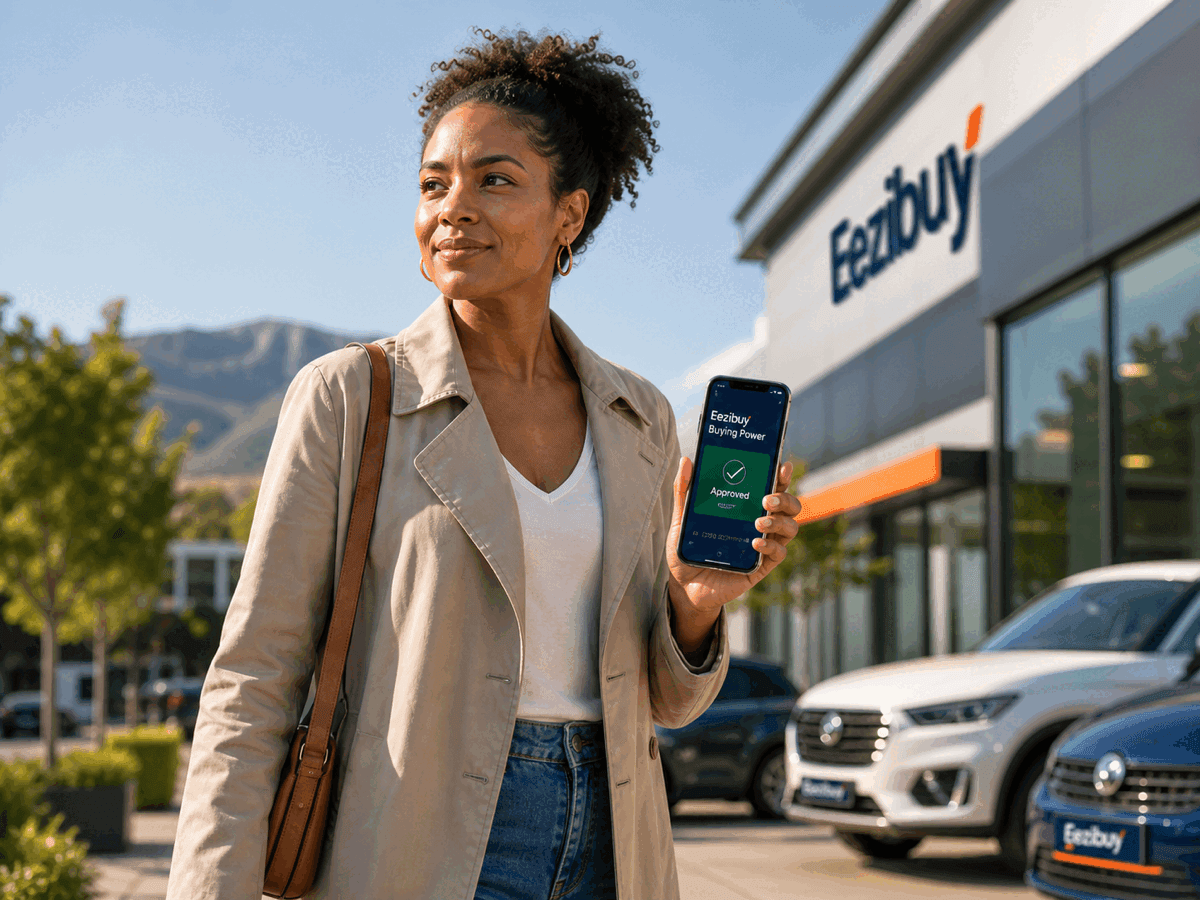 A confident South African buyer holding a phone displaying their approved Buying Power Pass outside a dealership.